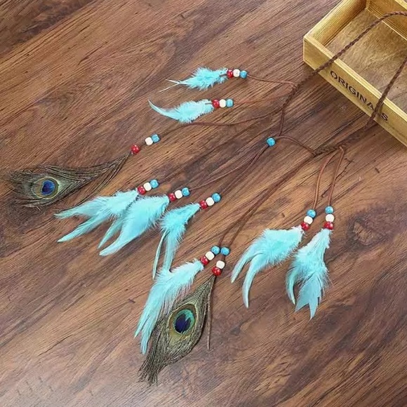 NEW Boho Gypsy Sky Blue Feather & Suede Headband - Picture 2 of 3